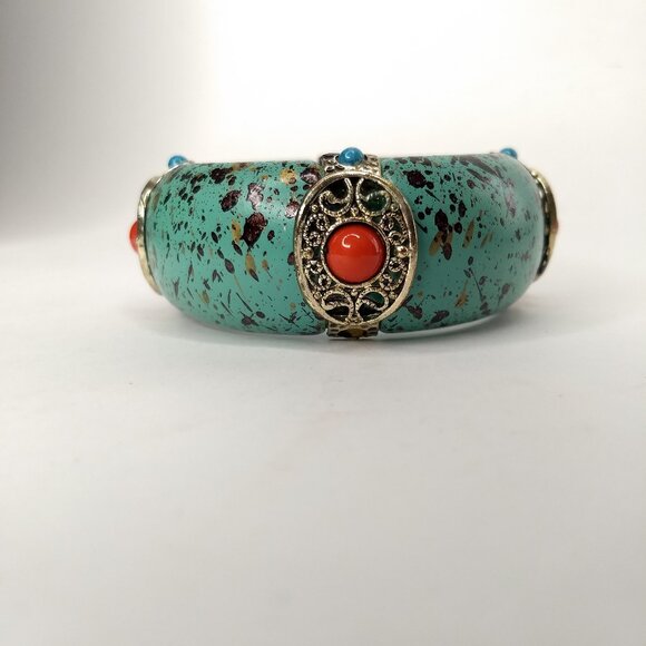 Silver Tone Metal Bead Turquoise Color Splatter Wide Bangle Bracelet Western - Picture 4 of 7